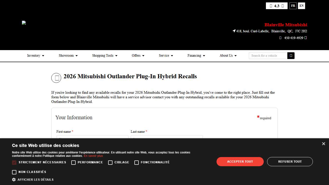 Recalls Verification on your 2026 Mitsubishi Outlander-Plug-In-Hybrid at Blainville Mitsubishi